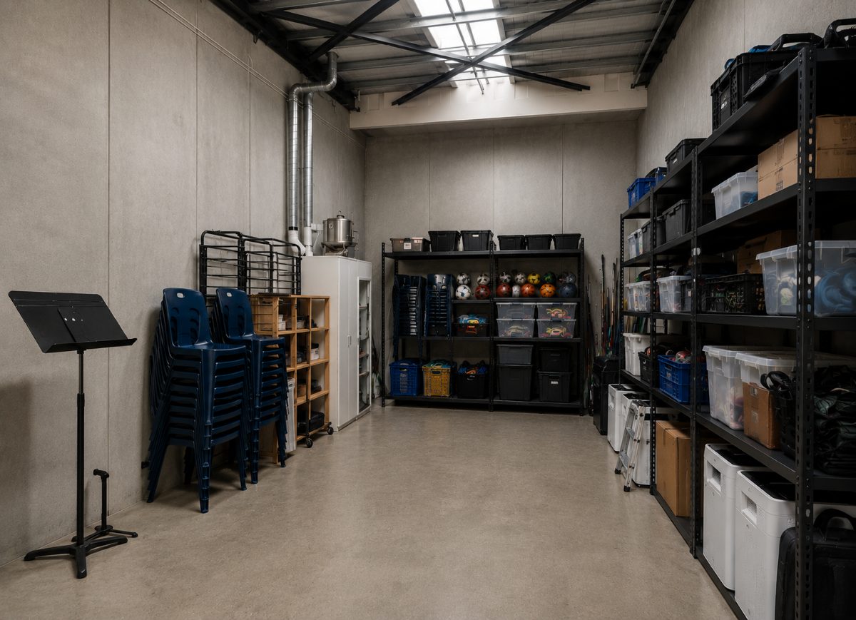 A tidy storage room with shelves of labelled bins, stacked chairs and neatly packed gear
